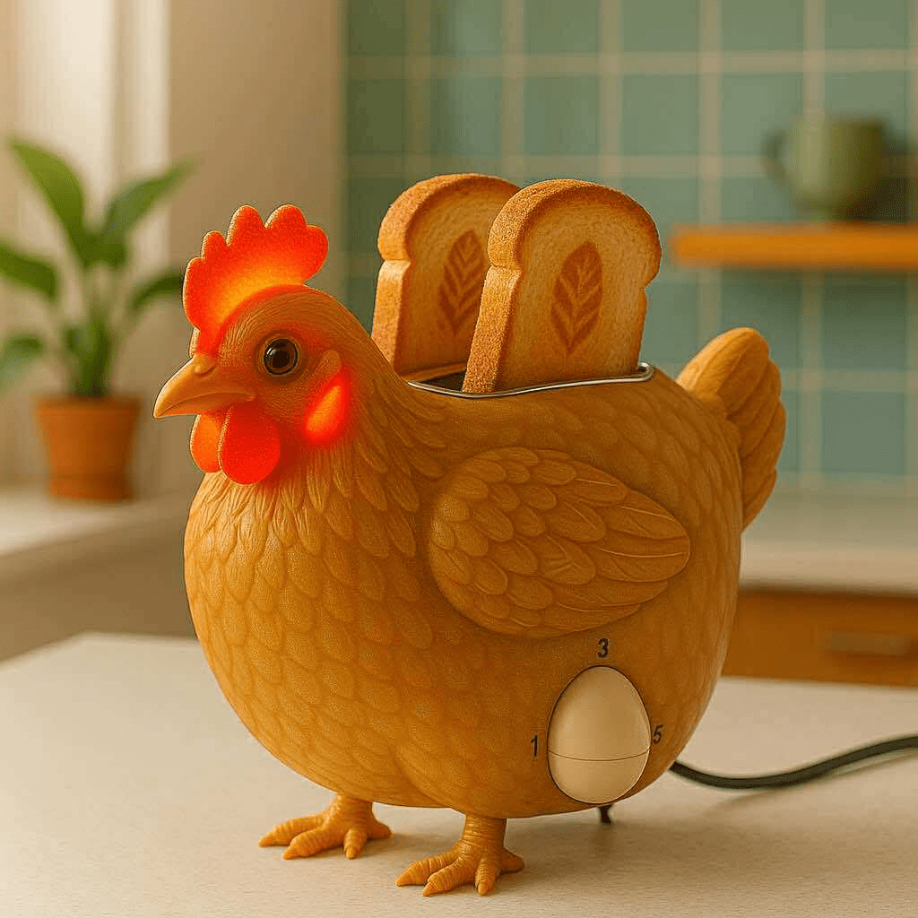 A brown chicken-shaped toaster with two slices of toast in a cosy kitchen setting.