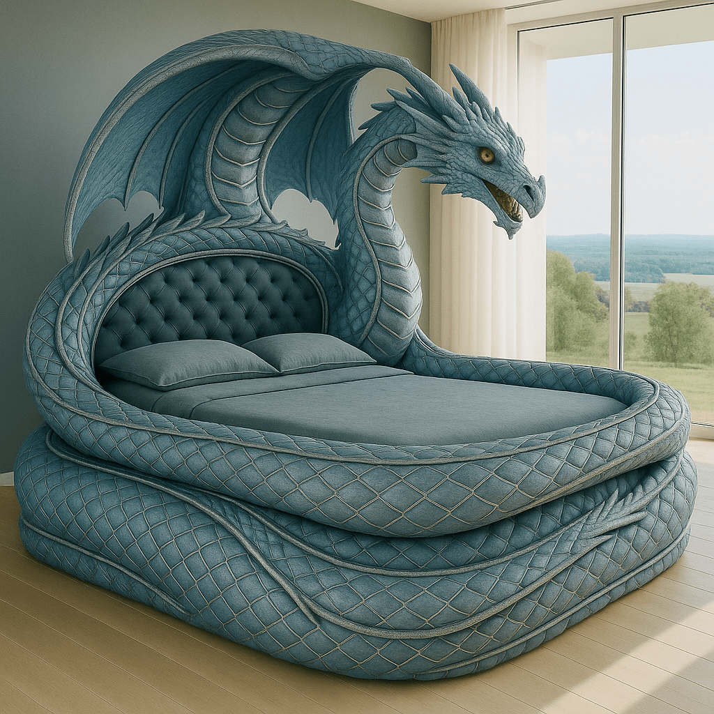Luxury blue dragon-shaped bed with quilted scale design and arched wings in a modern bedroom.