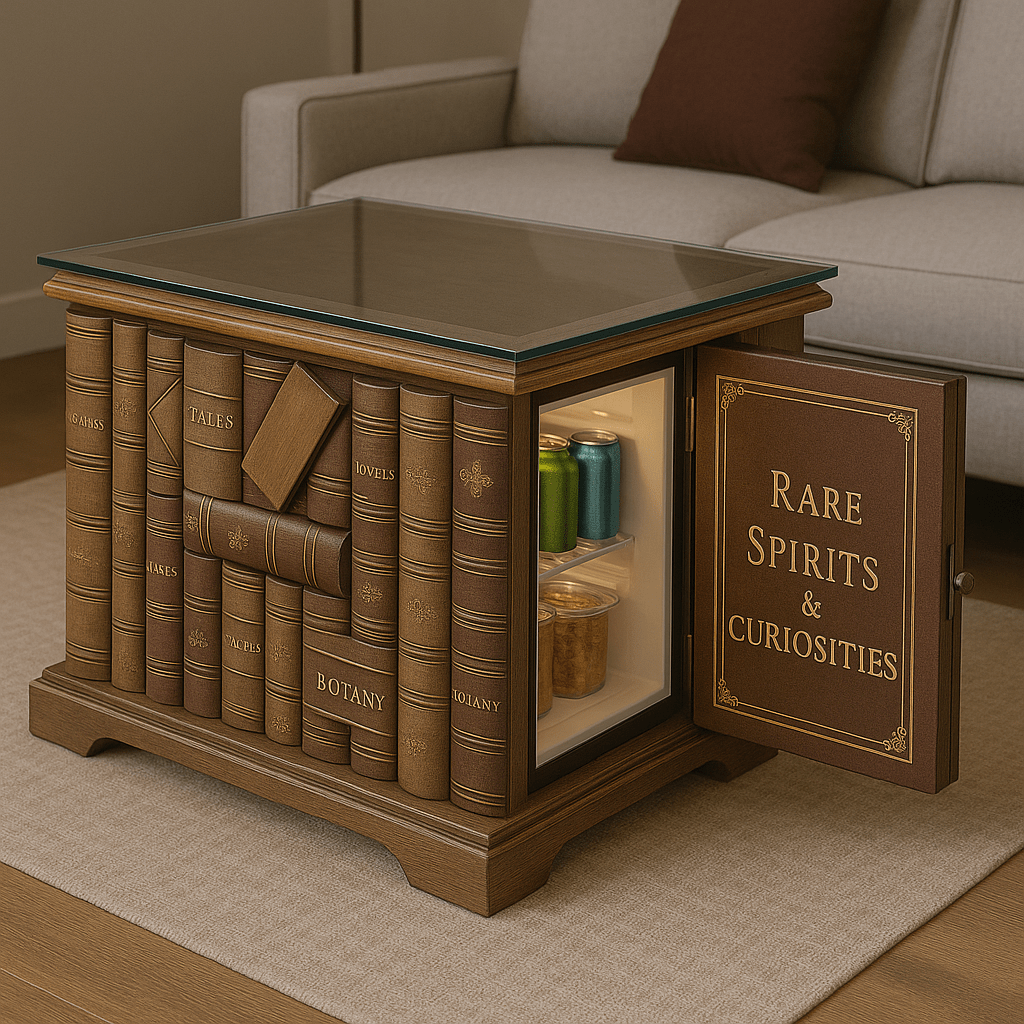 Brown leather-effect book-themed coffee table with gold embossed titles and integrated mini fridge, styled in a neutral living space.