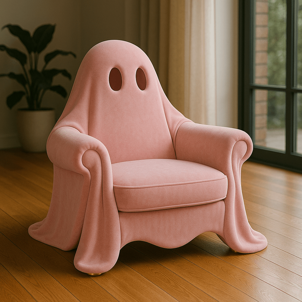 A pastel pink ghost armchair with rounded arms and a ghostly draped back, placed in a cosy room.