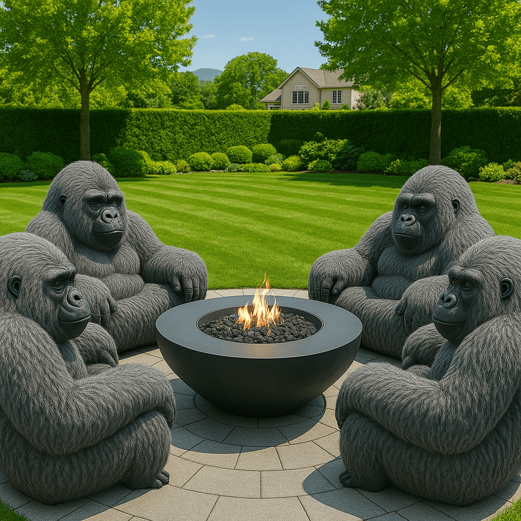 Set of grey garden chairs surrounding a modern fire pit in a lush green lawn setting.