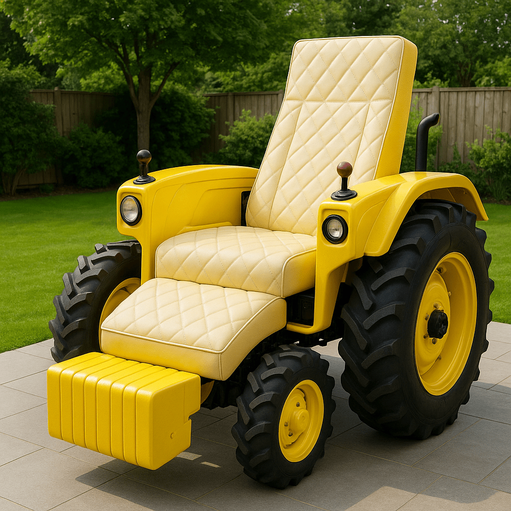 A yellow tractor-shaped recliner with quilted seating placed outdoors on a tiled patio.