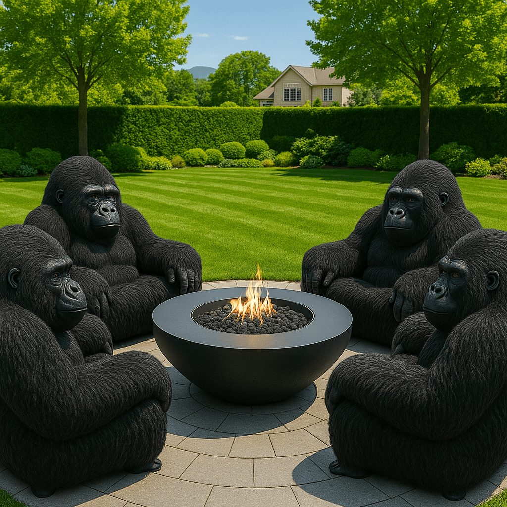 Four black gorilla-shaped armchairs arranged around a circular fire pit on a stone patio in a landscaped garden.