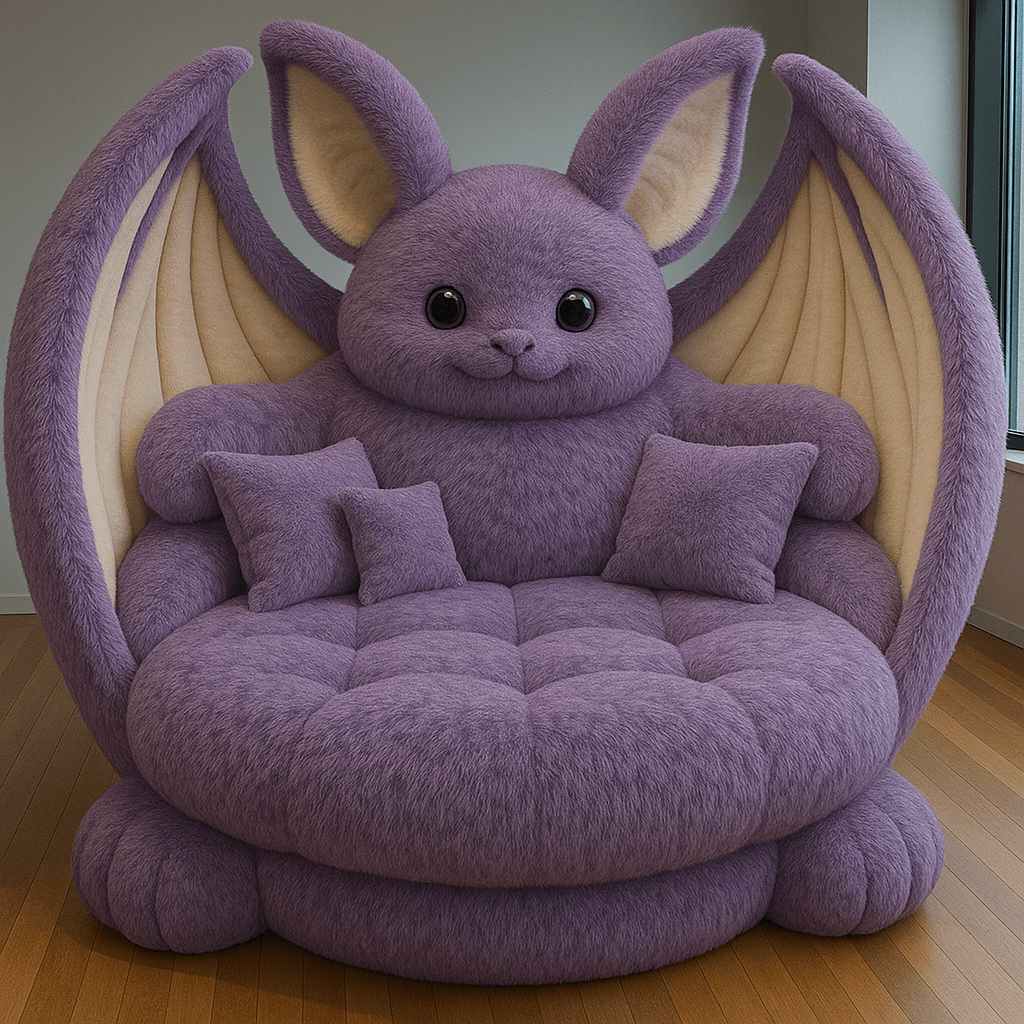 Large purple bat-shaped armchair with plush detailing and rounded tufted seat