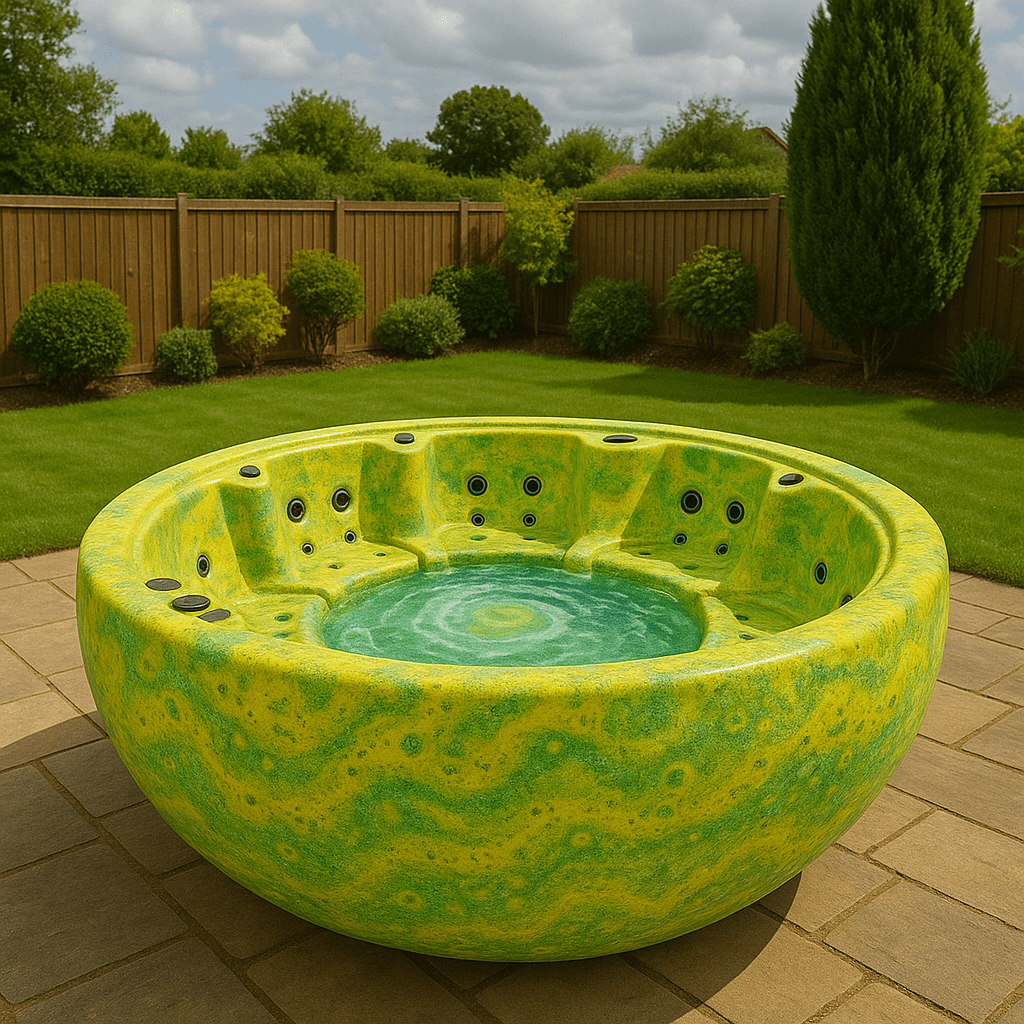 A bold yellow and green round hot tub resembling lemon-lime zest on a paved garden patio
