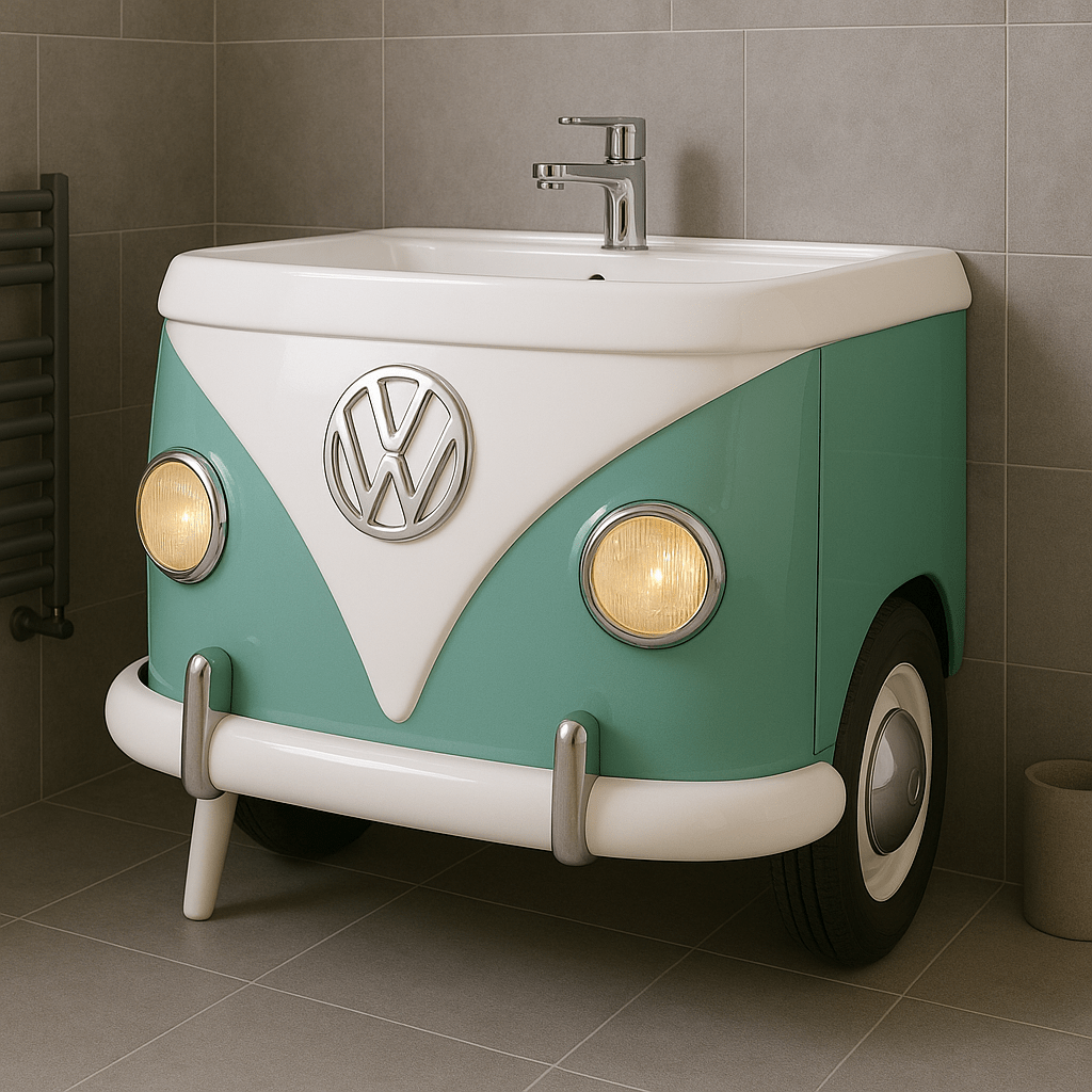 A mint green VW camper van bathroom sink with vintage car detailing and chrome features.