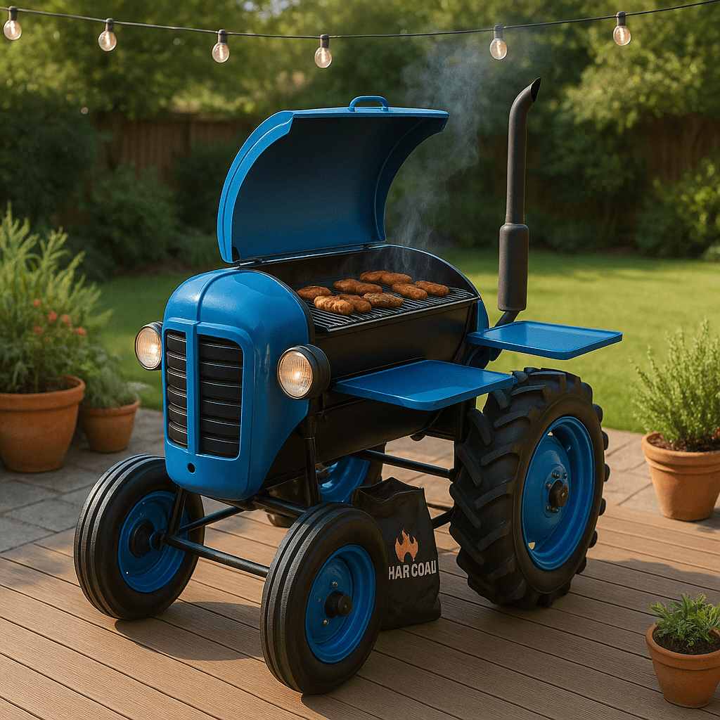  Bold blue tractor BBQ grill smoking on a patio, surrounded by potted plants.