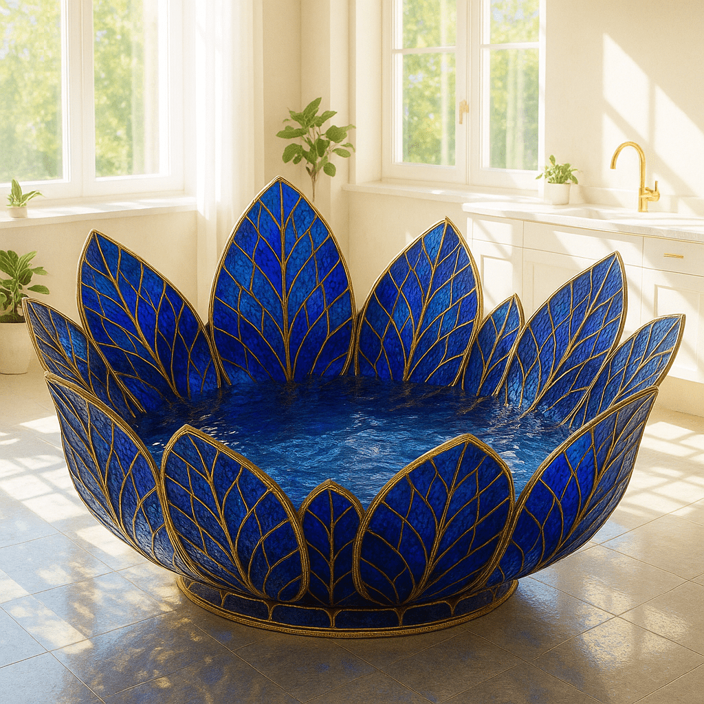 Striking deep blue lotus flower bathtub with gold detailing in a bright luxury bathroom.