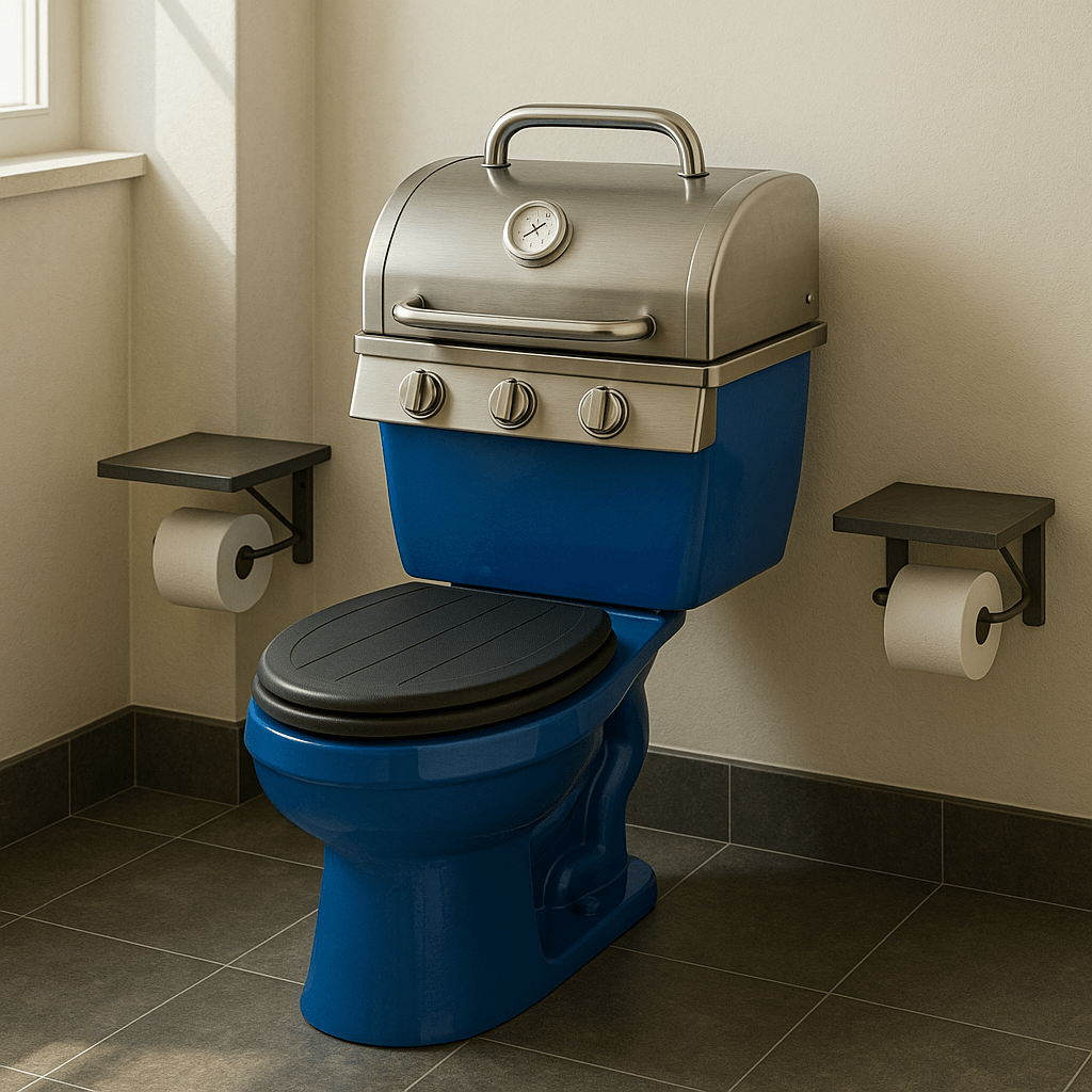  Blue and steel grill-themed toilet in a bright tiled bathroom with quirky detail