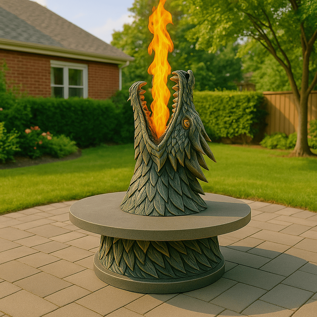 A green dragon head firepit table with flames emerging from its mouth, set on a stone patio in a garden.