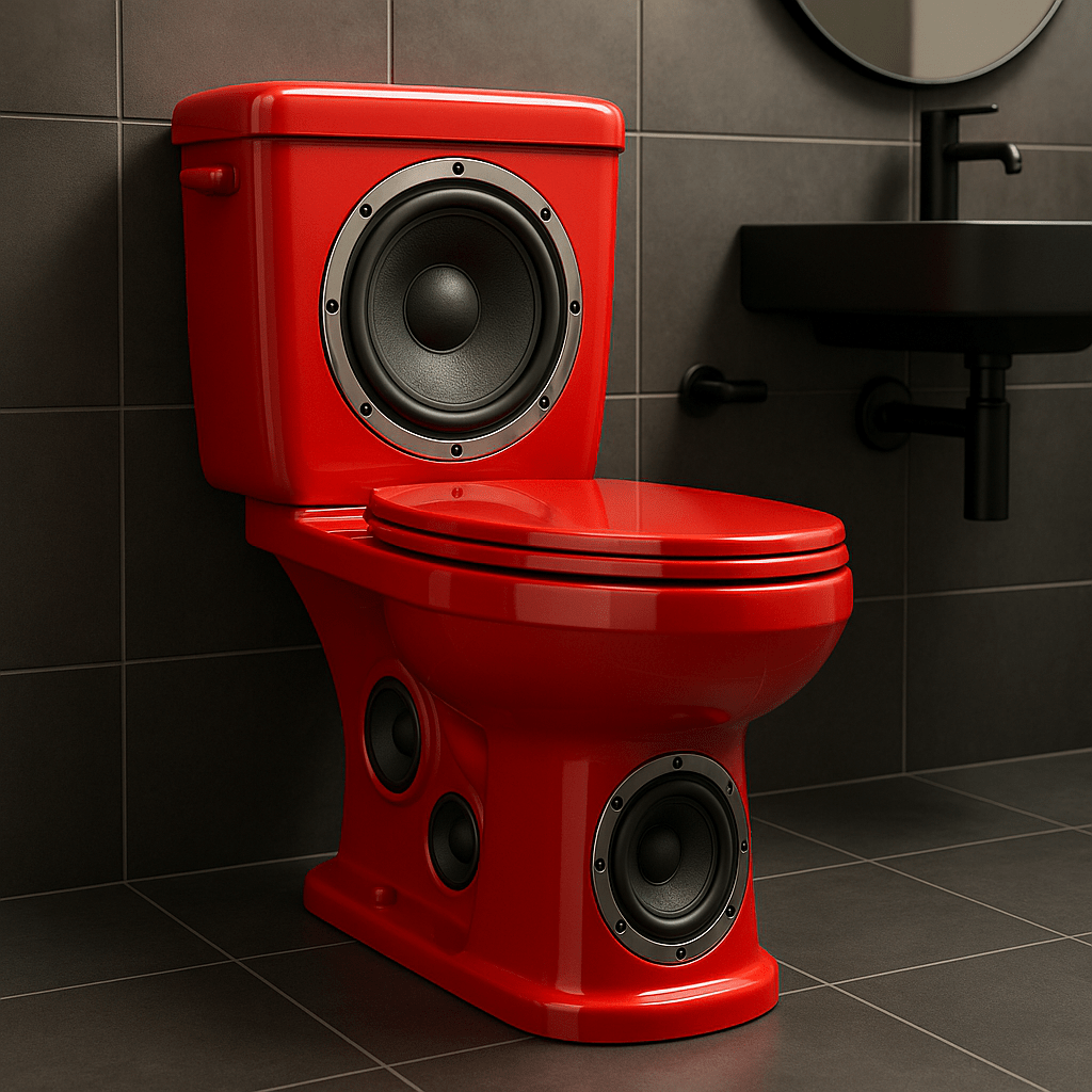Bold red novelty toilet styled with realistic speaker elements in a modern tiled bathroom.
