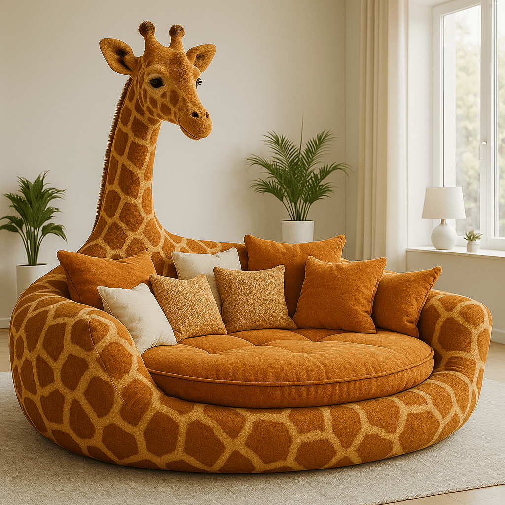 Vibrant orange giraffe sofa with matching cushions in a well-lit living room