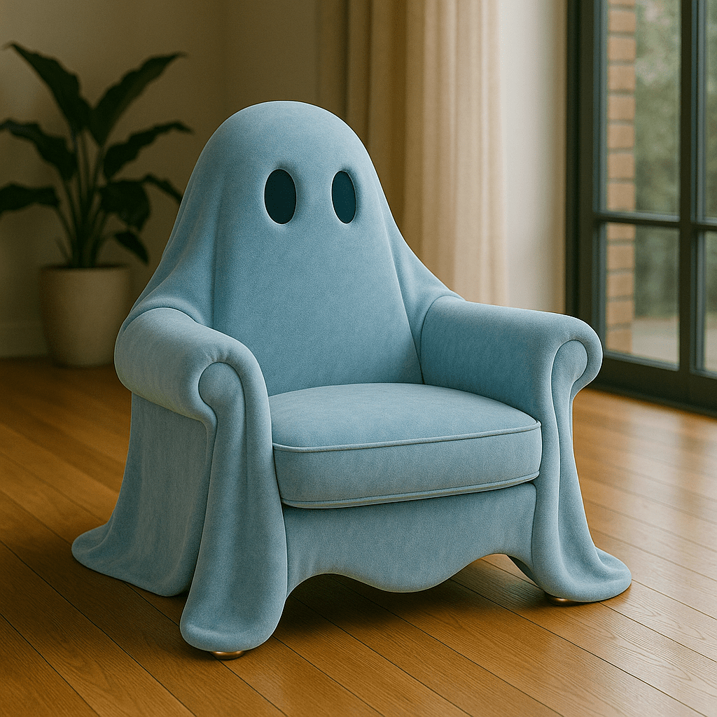 A pale blue ghost armchair with flowing fabric-like curves and eye cutouts, set on a wooden floor.