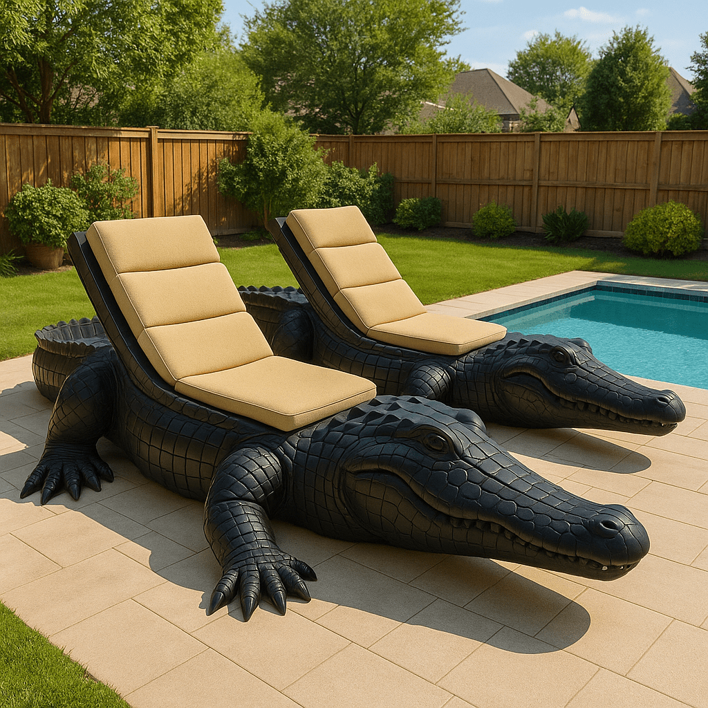 Pair of oversized matte black alligator-shaped loungers with beige cushions beside a swimming pool in a sunny garden.