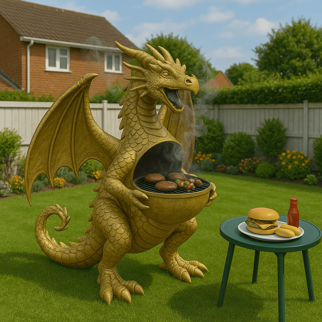A gold dragon-shaped barbecue grill with food cooking inside, next to a table with burgers