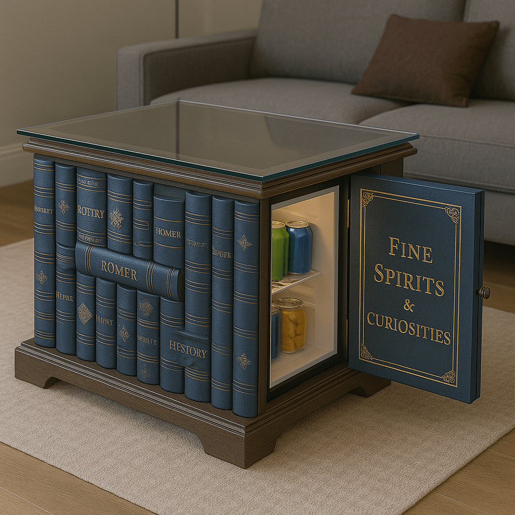 A navy blue book-themed coffee table with gold detailing and a built-in mini fridge storing drinks, in a modern living room.