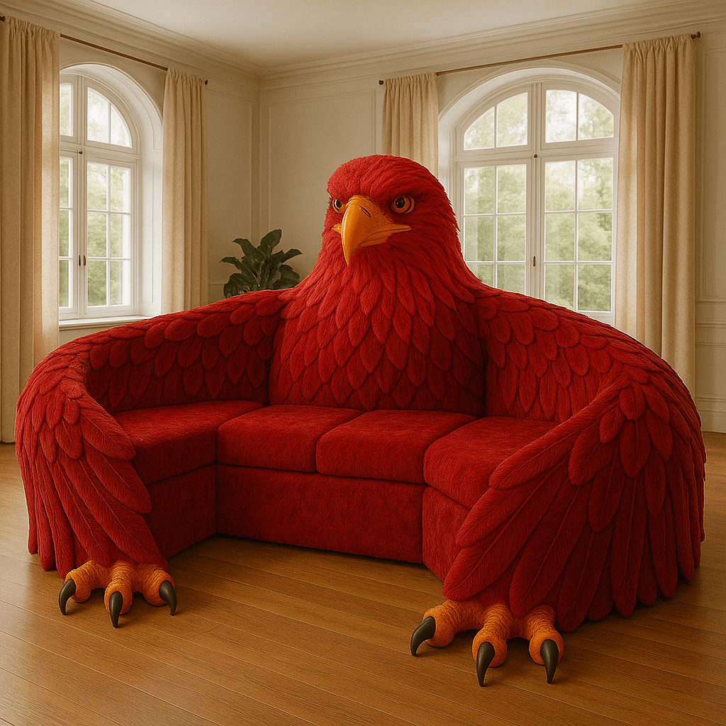 Majestic red eagle-themed sofa with sculpted wings and beak in a bright, stylish living room
