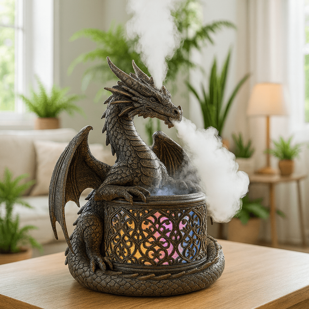 Bronze dragon diffuser breathing mist with colourful LED glow in a bright living room