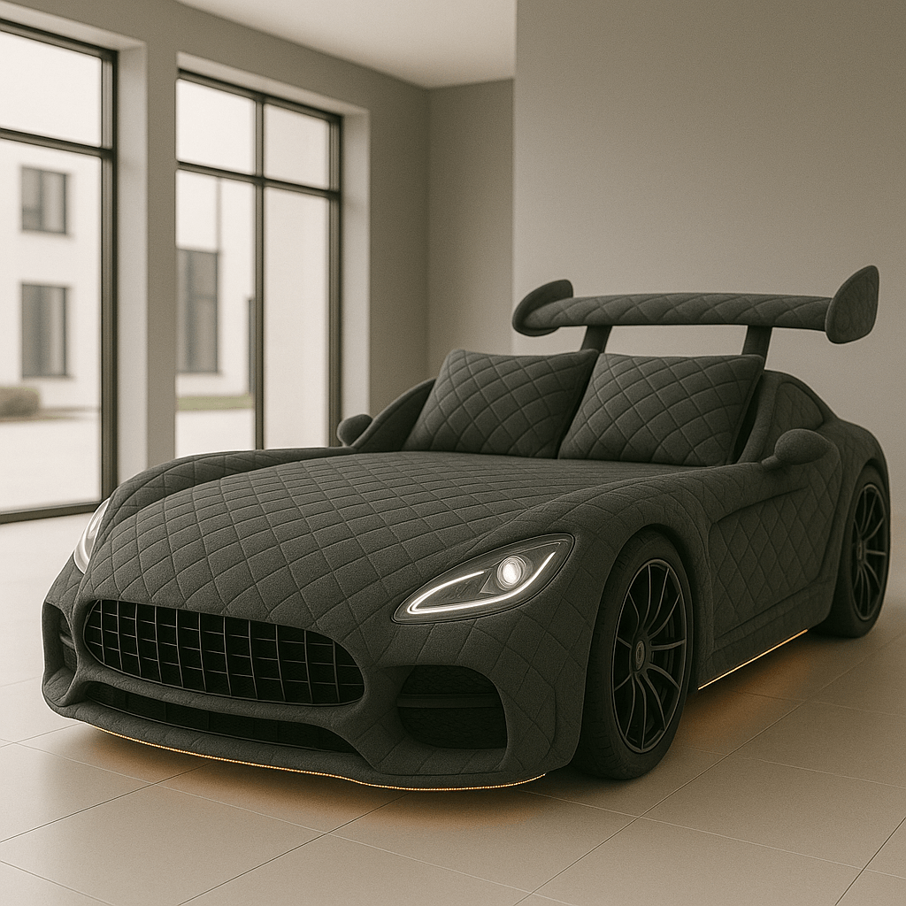 Black luxury car-shaped bed featuring quilted upholstery, rear spoiler design, and ambient base lighting.