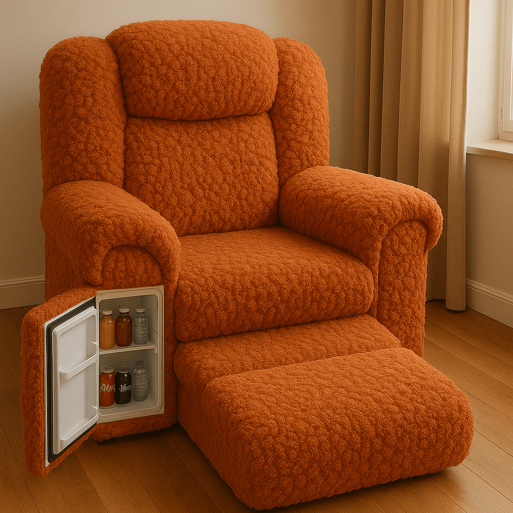  Burnt orange oversized armchair with boucle fabric and integrated mini fridge containing drinks and snacks.