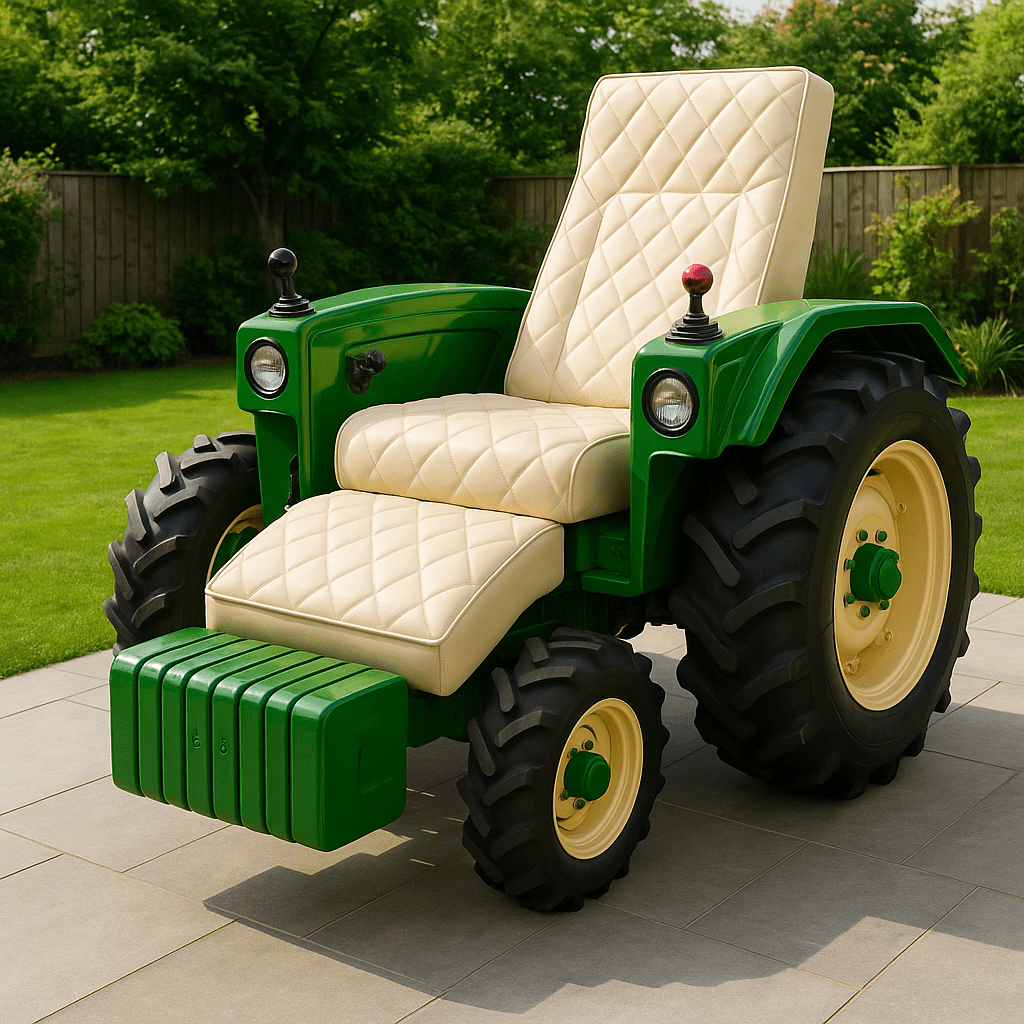 A green tractor-themed outdoor recliner with cream quilted upholstery on a patio.