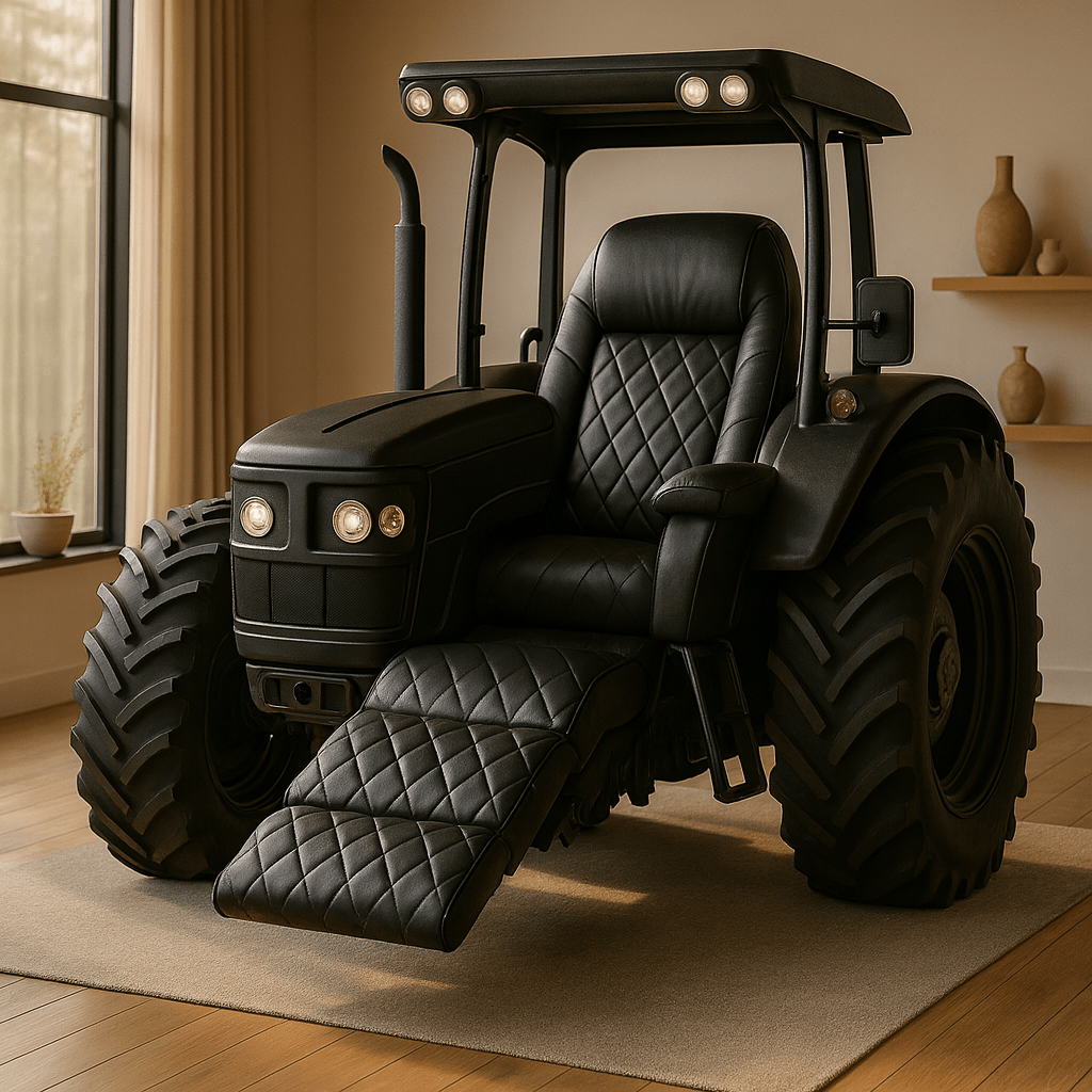 Oversized black tractor-inspired recliner chair with quilted upholstery and footrest in a modern living room.