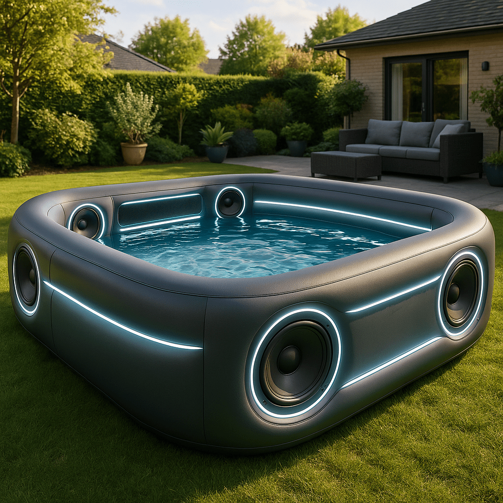 Graphite grey inflatable pool with integrated speakers and LED lighting in a suburban garden.
