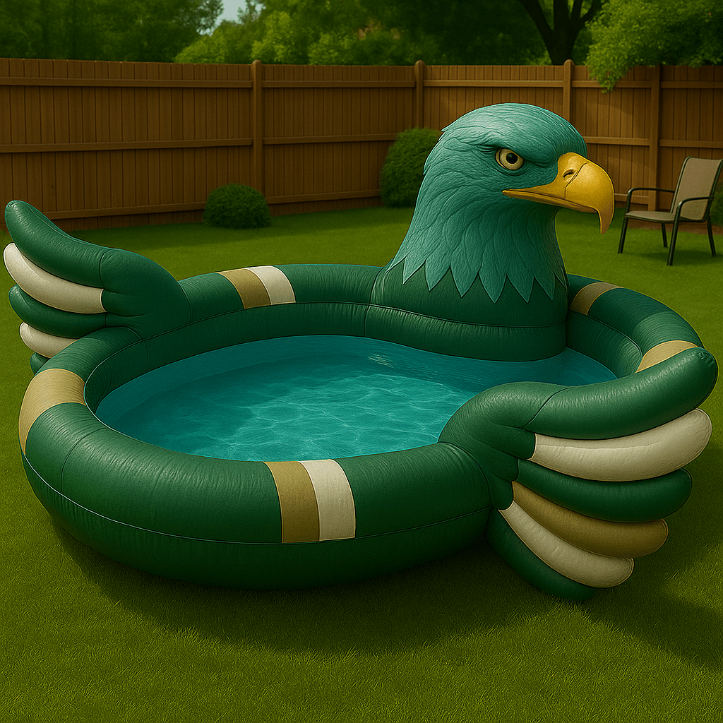 Inflatable paddling pool shaped like a green eagle with gold and cream wing tips in a garden.