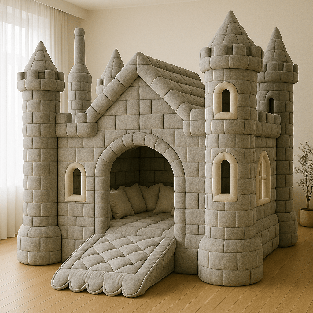 Grey upholstered children’s castle bed with neutral tones and turreted towers.