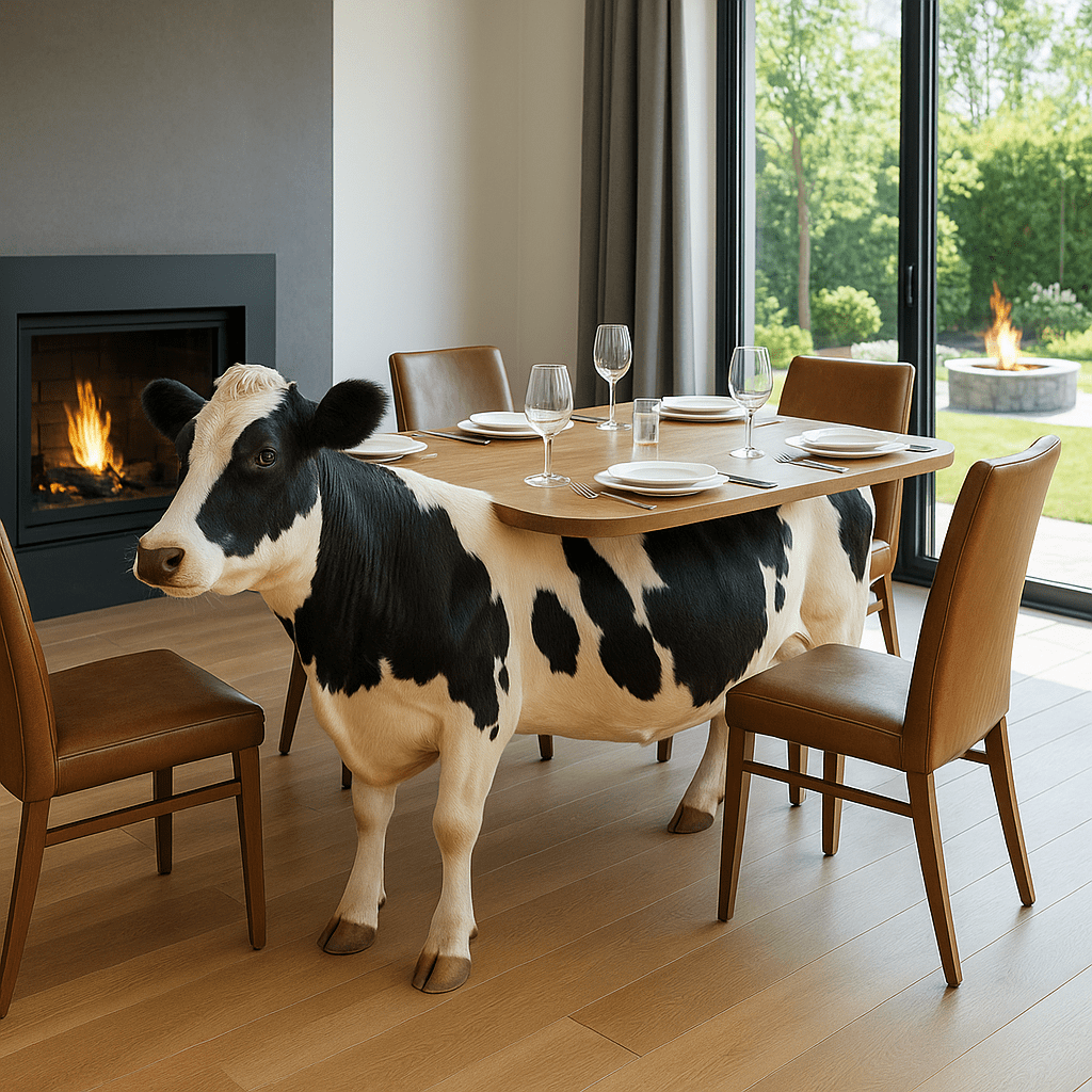 Black and white cow-shaped dining table set with plates and glasses in a modern dining room.