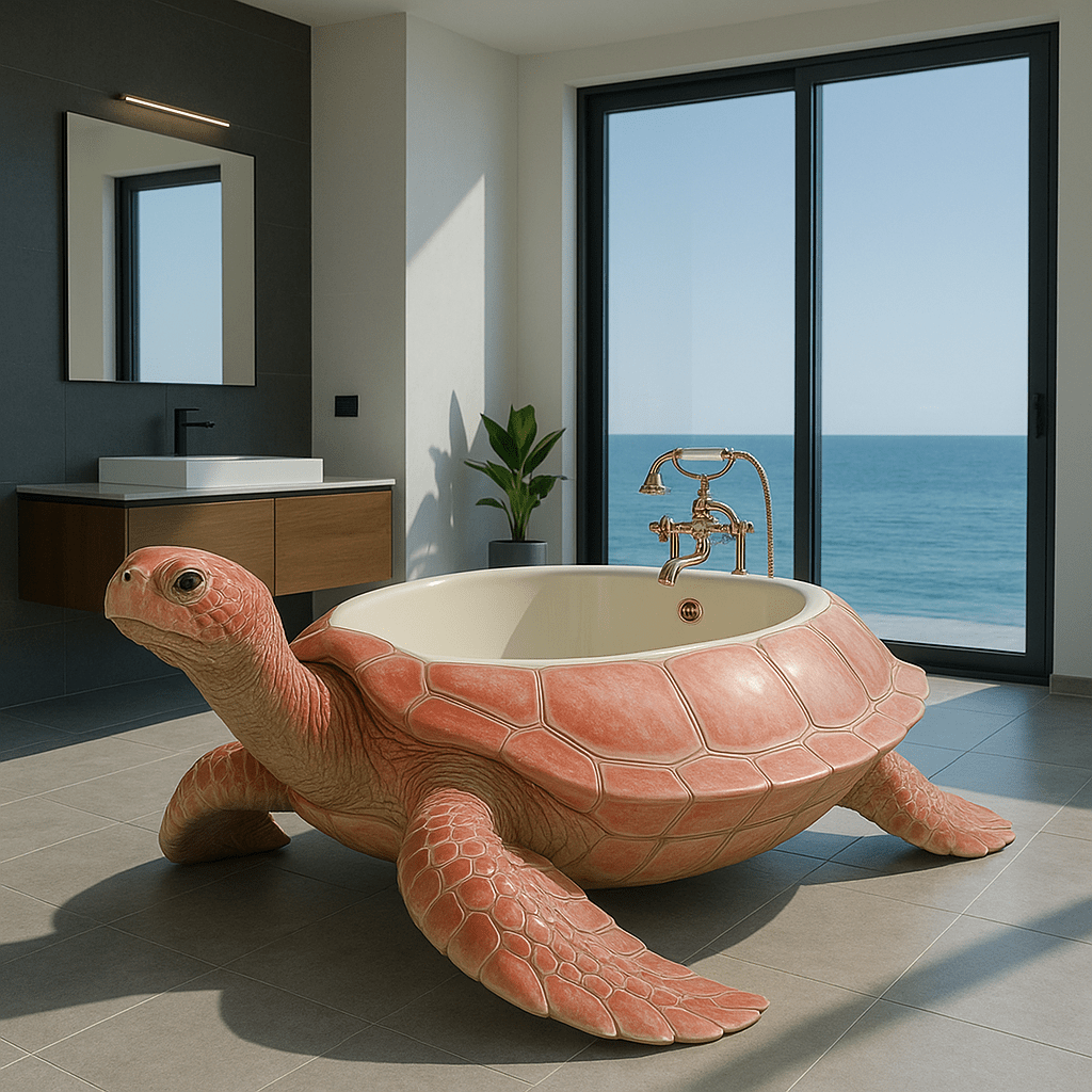 Luxury coral pink turtle-shaped bathtub with golden fixtures in modern bathroom overlooking the sea