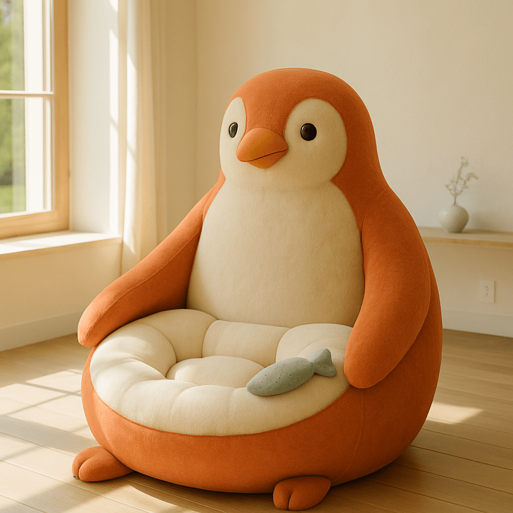 Cosy orange and cream oversized penguin armchair with flipper armrests and a soft fish plush on the seat.