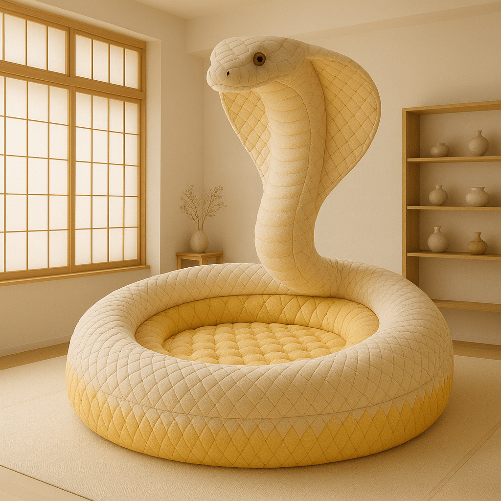 Snake-shaped lounge chair in gradient cream and yellow with soft lighting