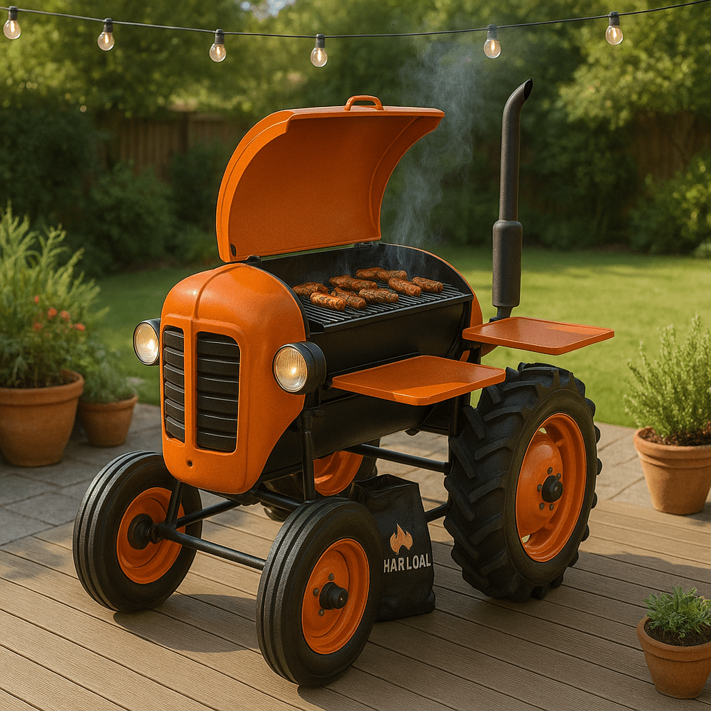  Bright orange tractor-shaped BBQ grill with sausages cooking, set on a wooden patio.