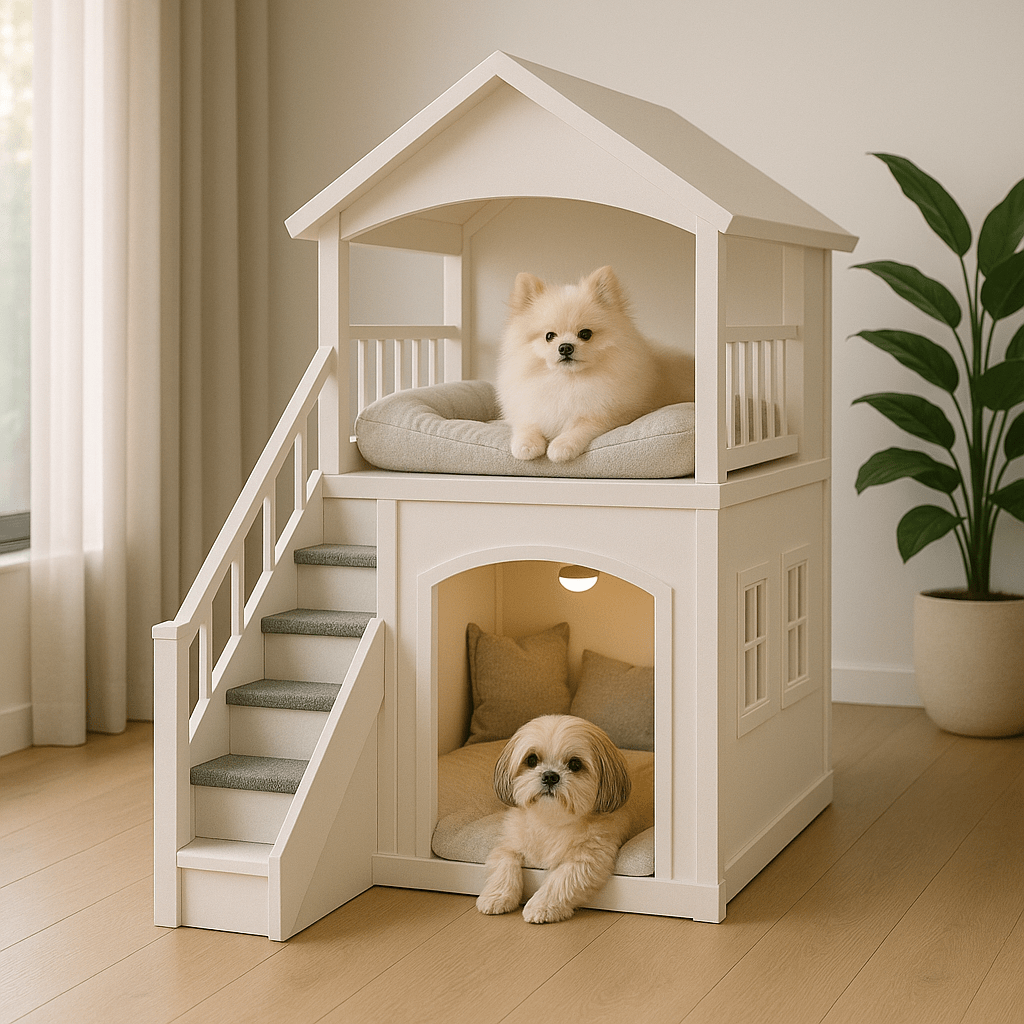 Cream-coloured two-storey indoor dog house with staircase, featuring two small dogs on upper and lower cushioned levels.