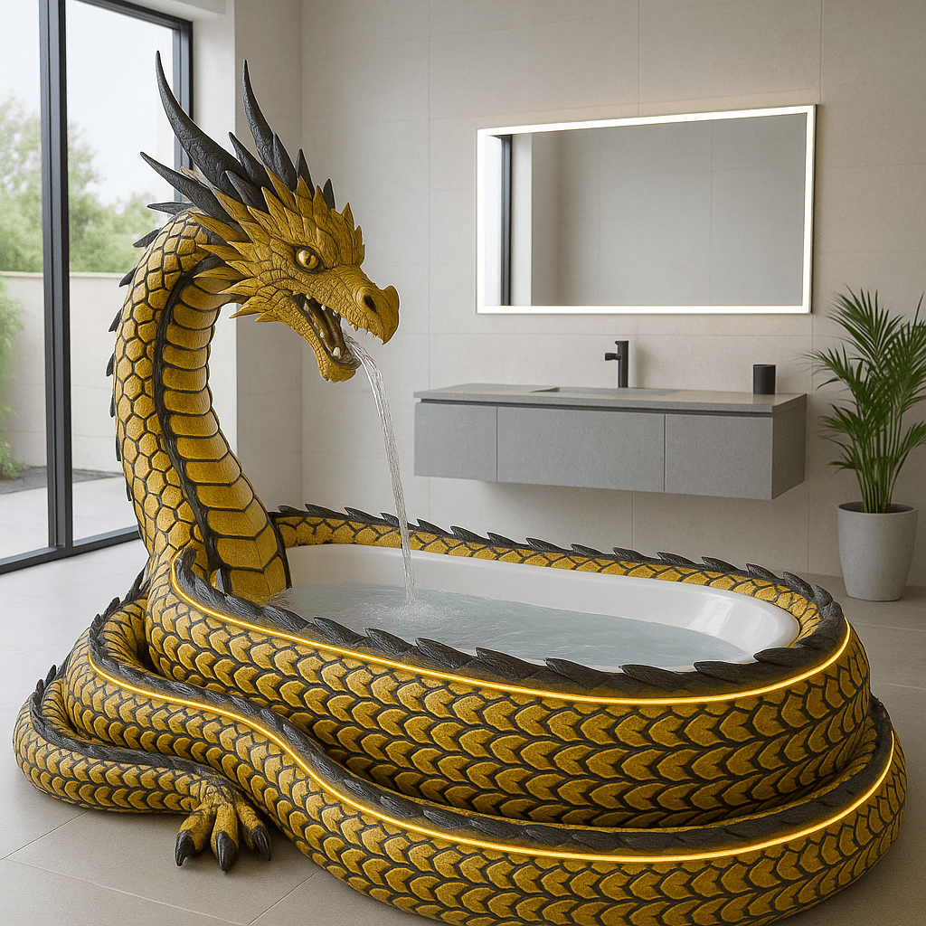 Luxurious gold dragon bathtub in a stylish neutral-toned bathroom with soft lighting