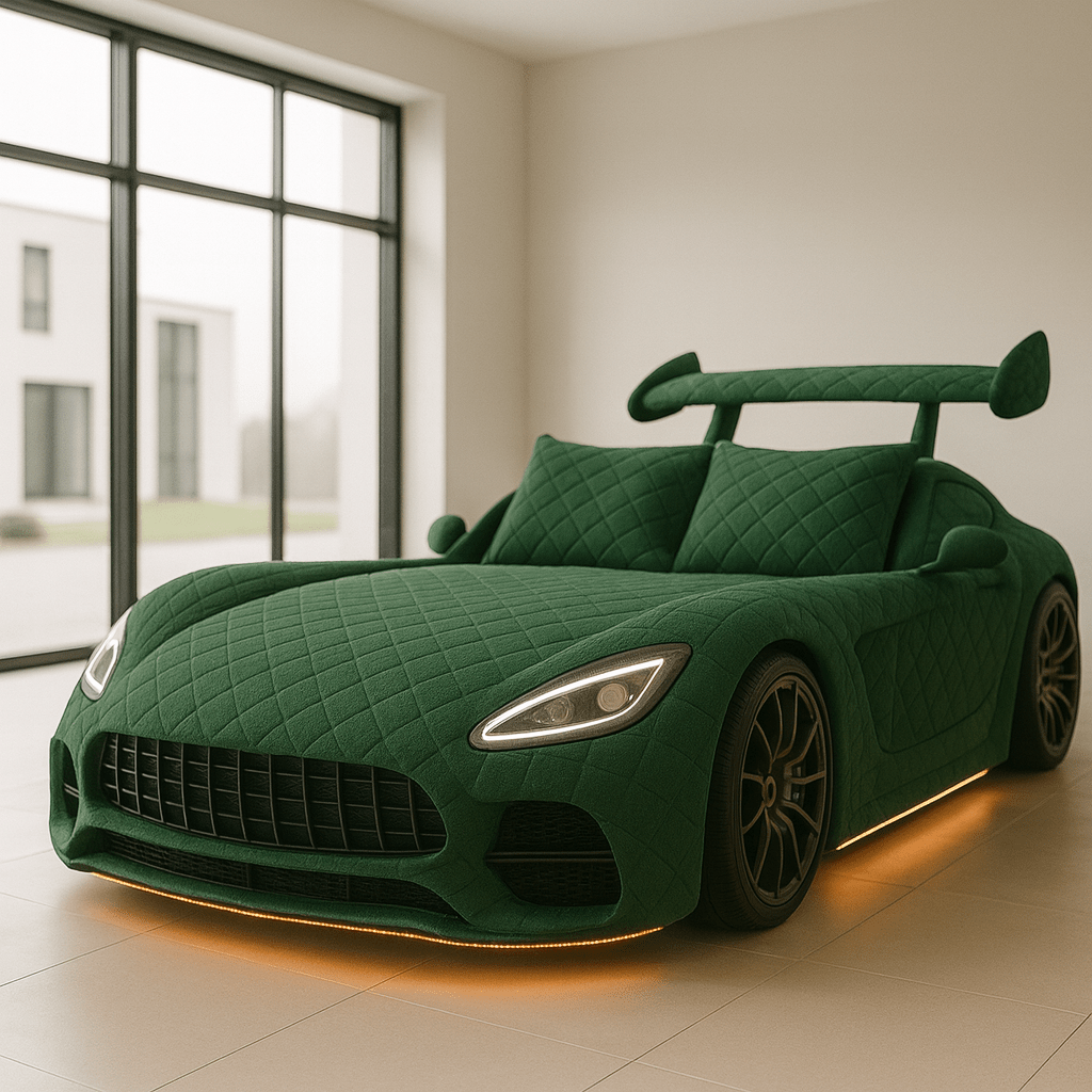 Luxury bed designed to look like a supercar, upholstered in emerald green quilted fabric with LED base lighting.