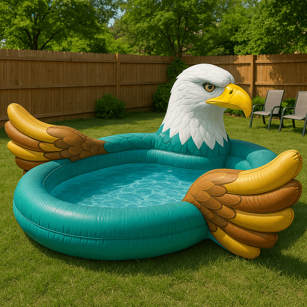 Large inflatable paddling pool shaped like a bald eagle with teal body and gold-brown wings