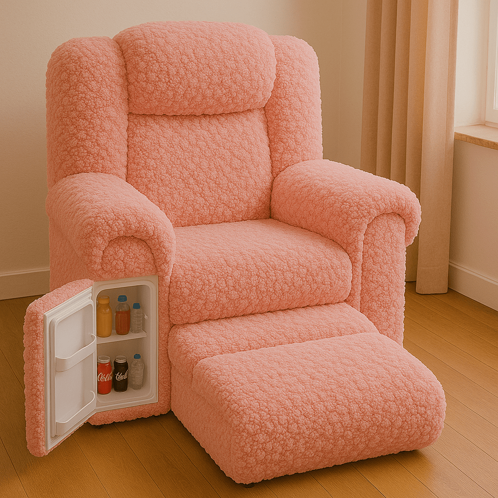 Pastel pink oversized armchair with plush sherpa upholstery and a built-in mini fridge stocked with drinks.