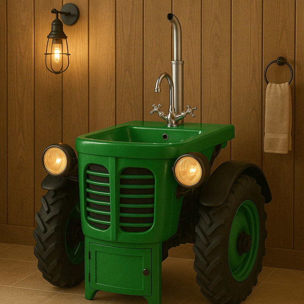 Bright green tractor sink unit with large tyres and working headlights in a rustic wooden bathroom setting