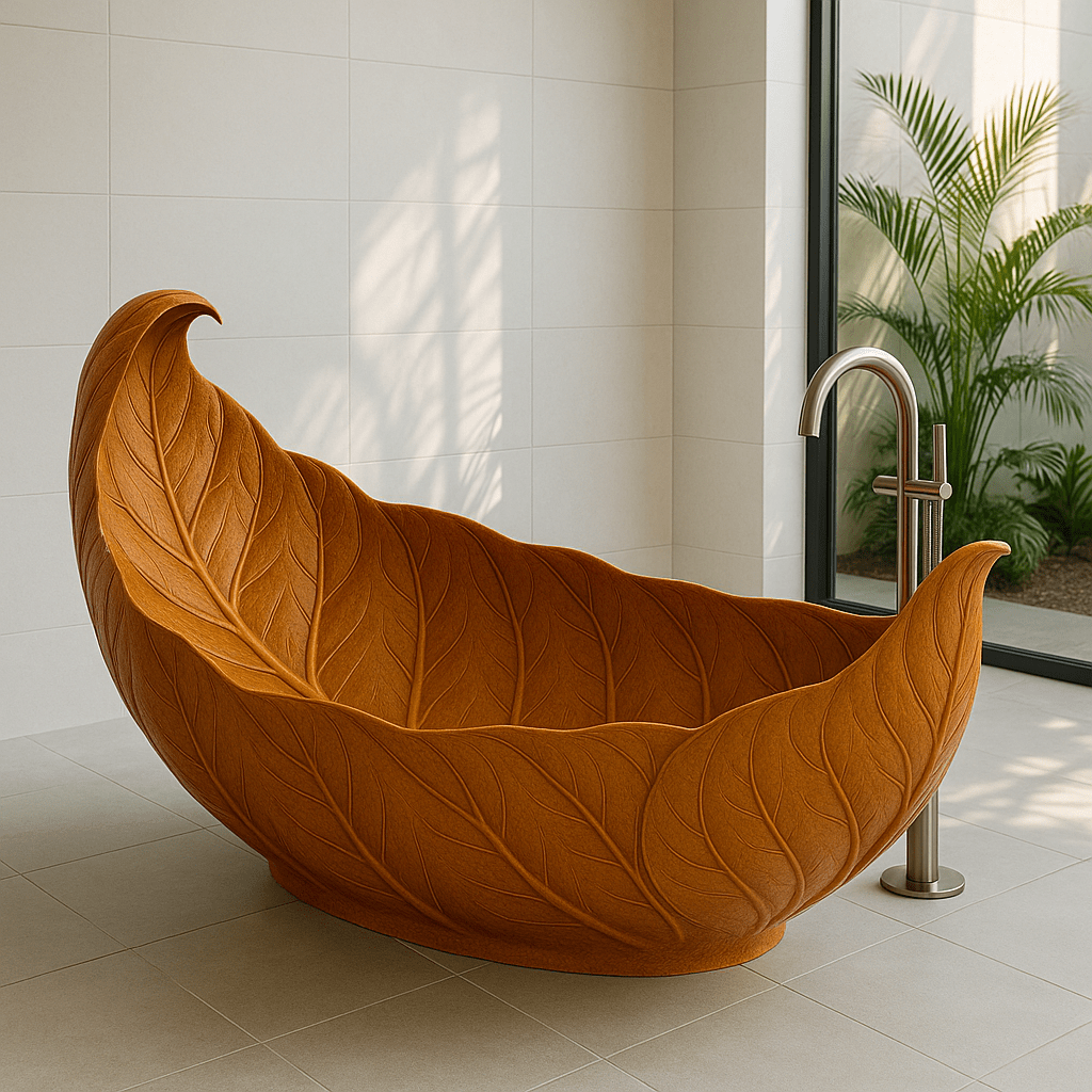 Amber autumn-inspired leaf bathtub with curled edges in a minimalist bathroom