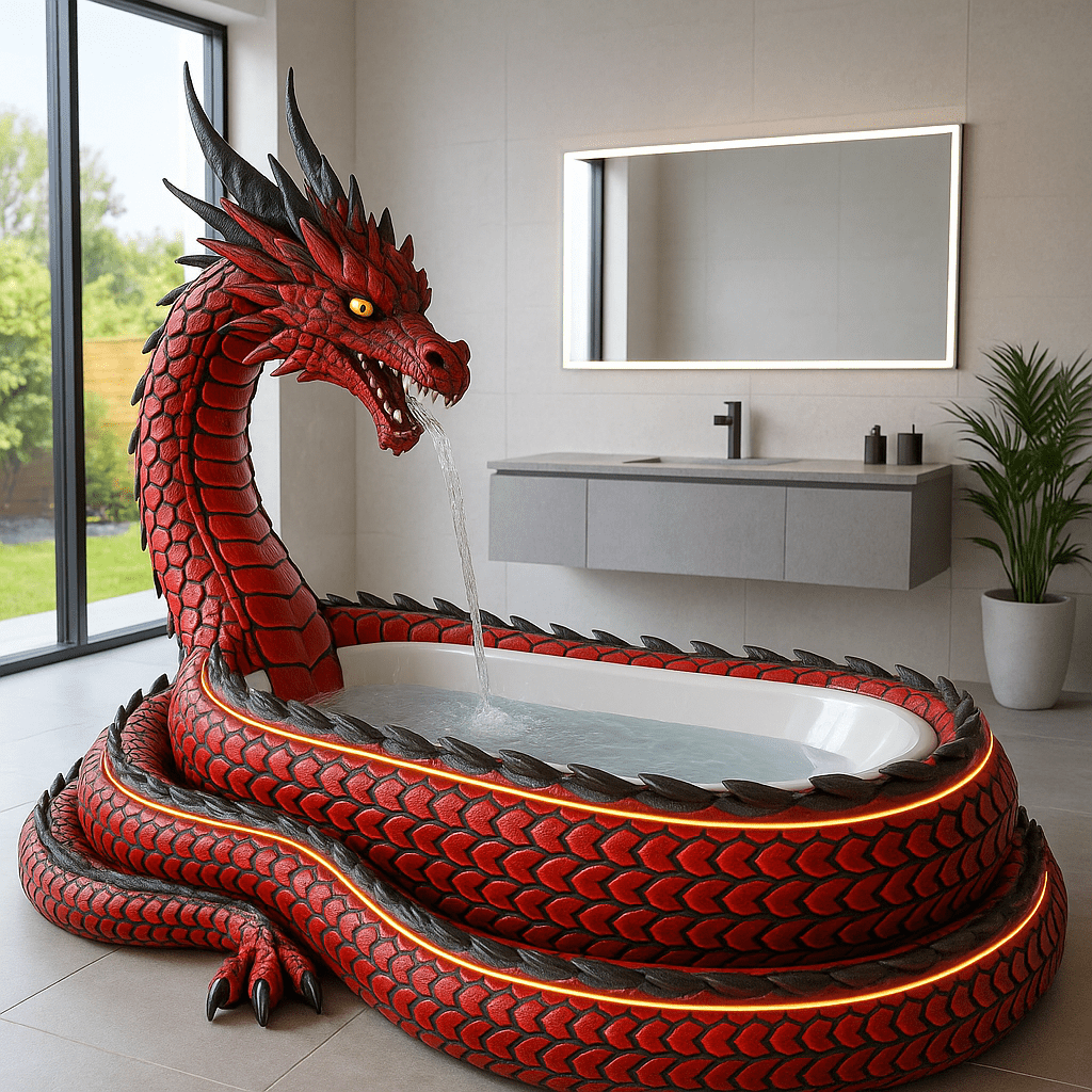 Fierce red dragon bathtub with orange LED lighting in a bright contemporary bathroom