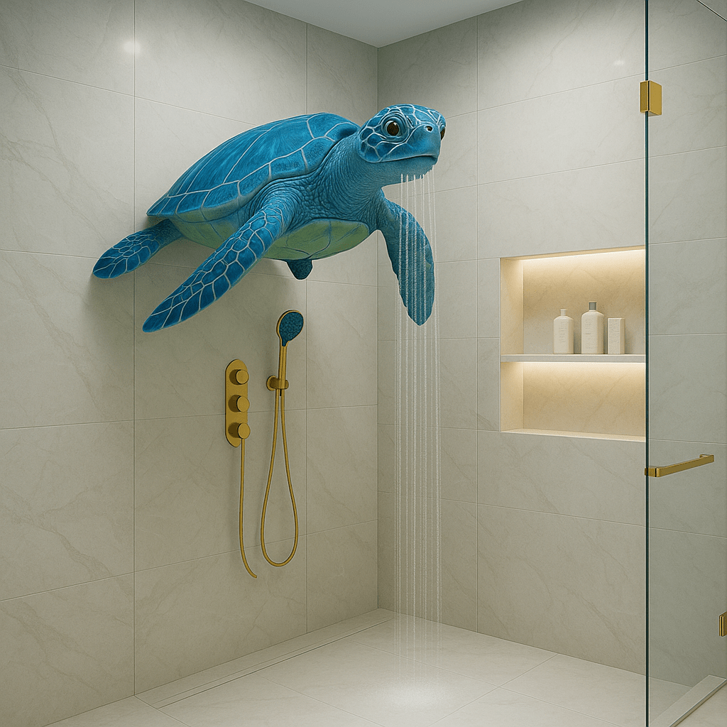 A vibrant blue turtle shower head in a luxury tiled bathroom with gold fixtures.