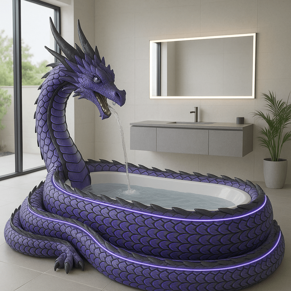Elegant purple dragon bathtub with glowing LED lights in a modern bathroom setting