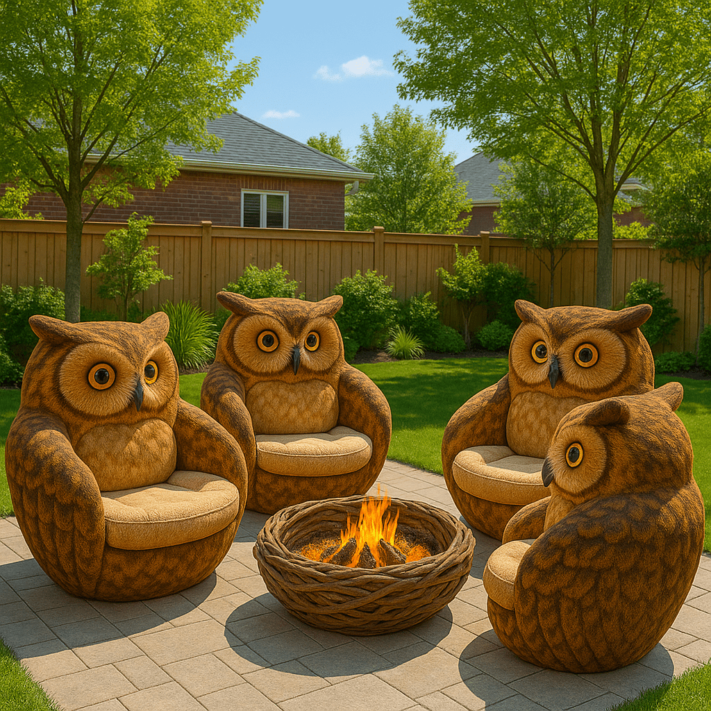 Four natural brown owl-themed garden chairs with a central firepit on a sunny patio