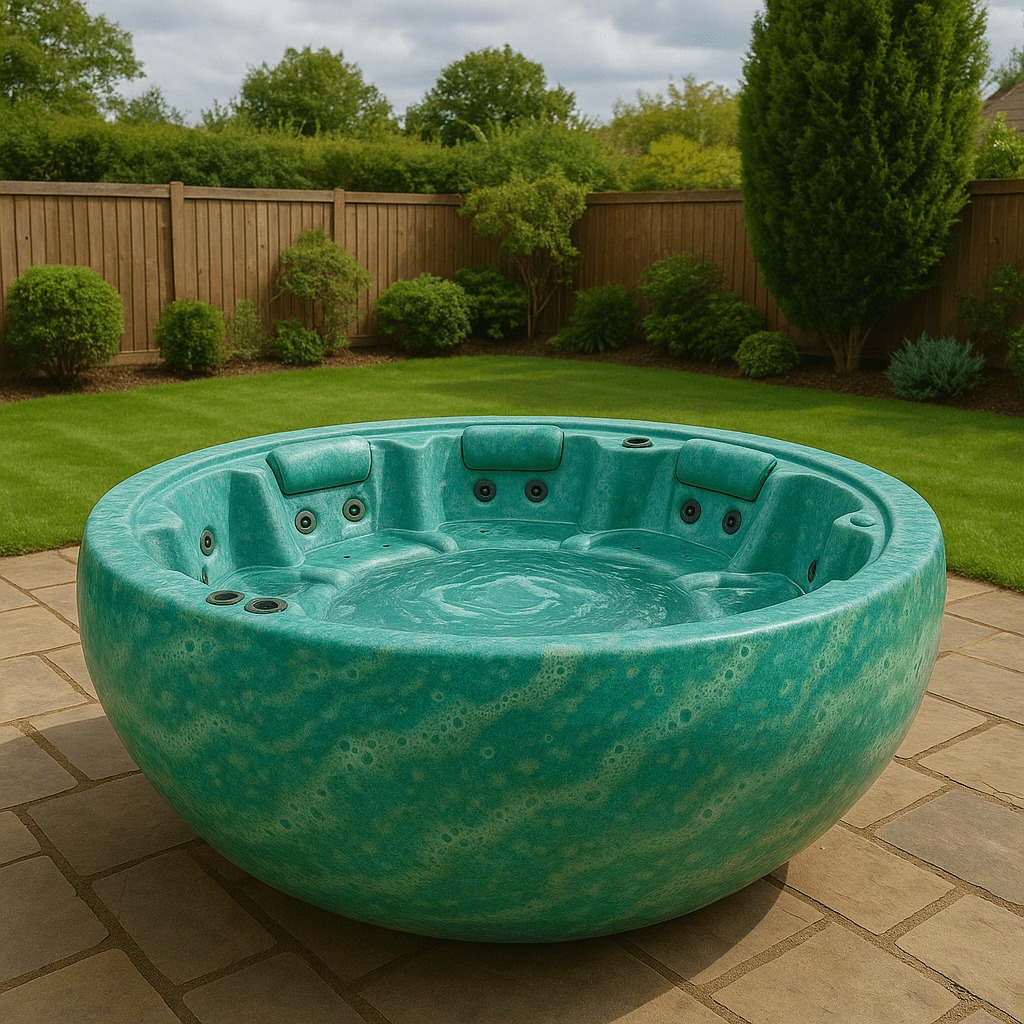 A deep emerald green round hot tub with jets and headrests, set in a lush backyard