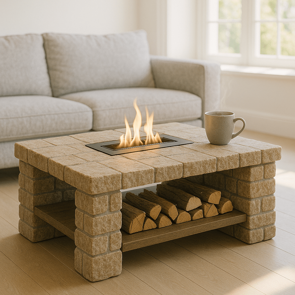A rectangular stone coffee table with a built-in fire strip and stacked logs beneath.