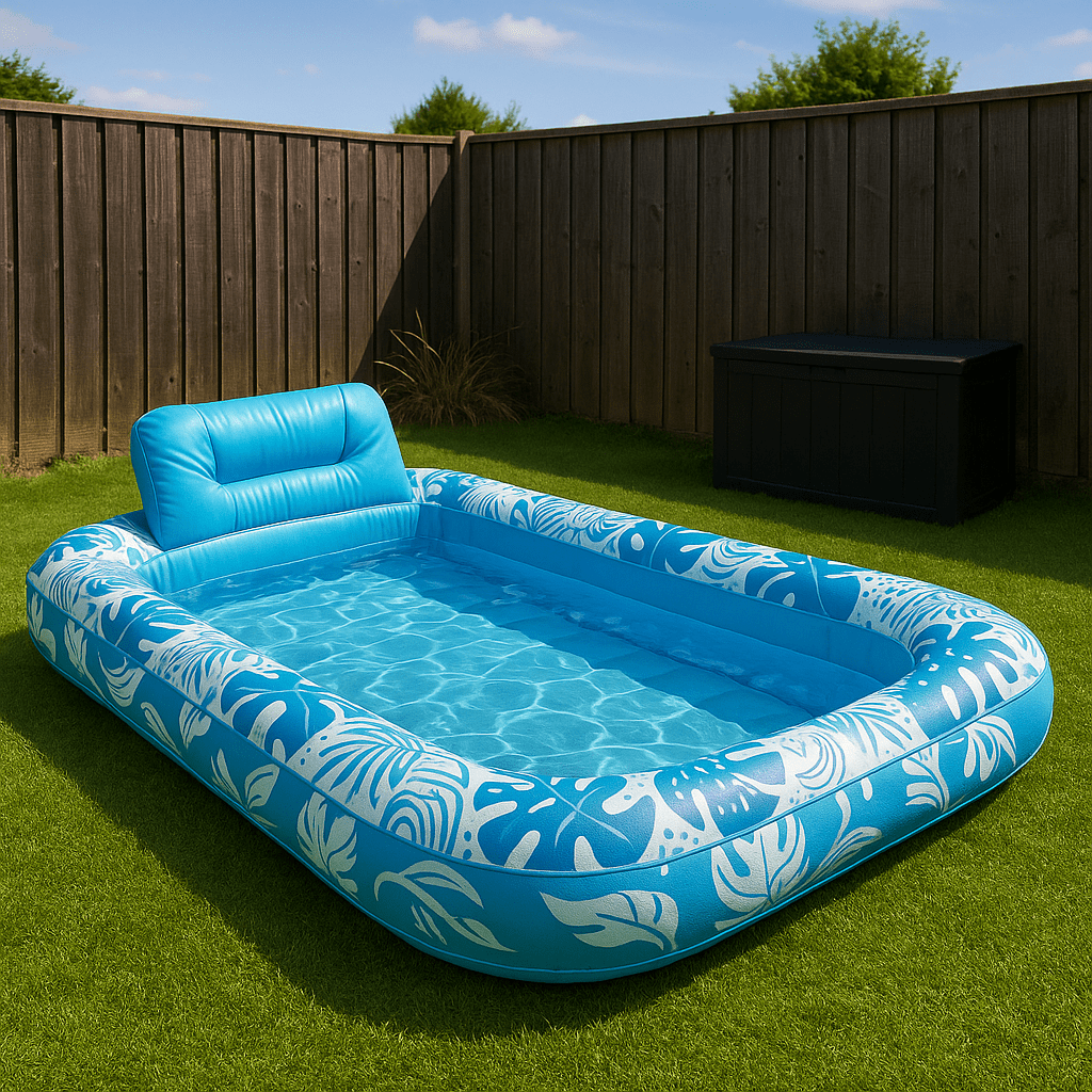 Blue inflatable lounger pool with built-in headrest and tropical leaf pattern in a garden.