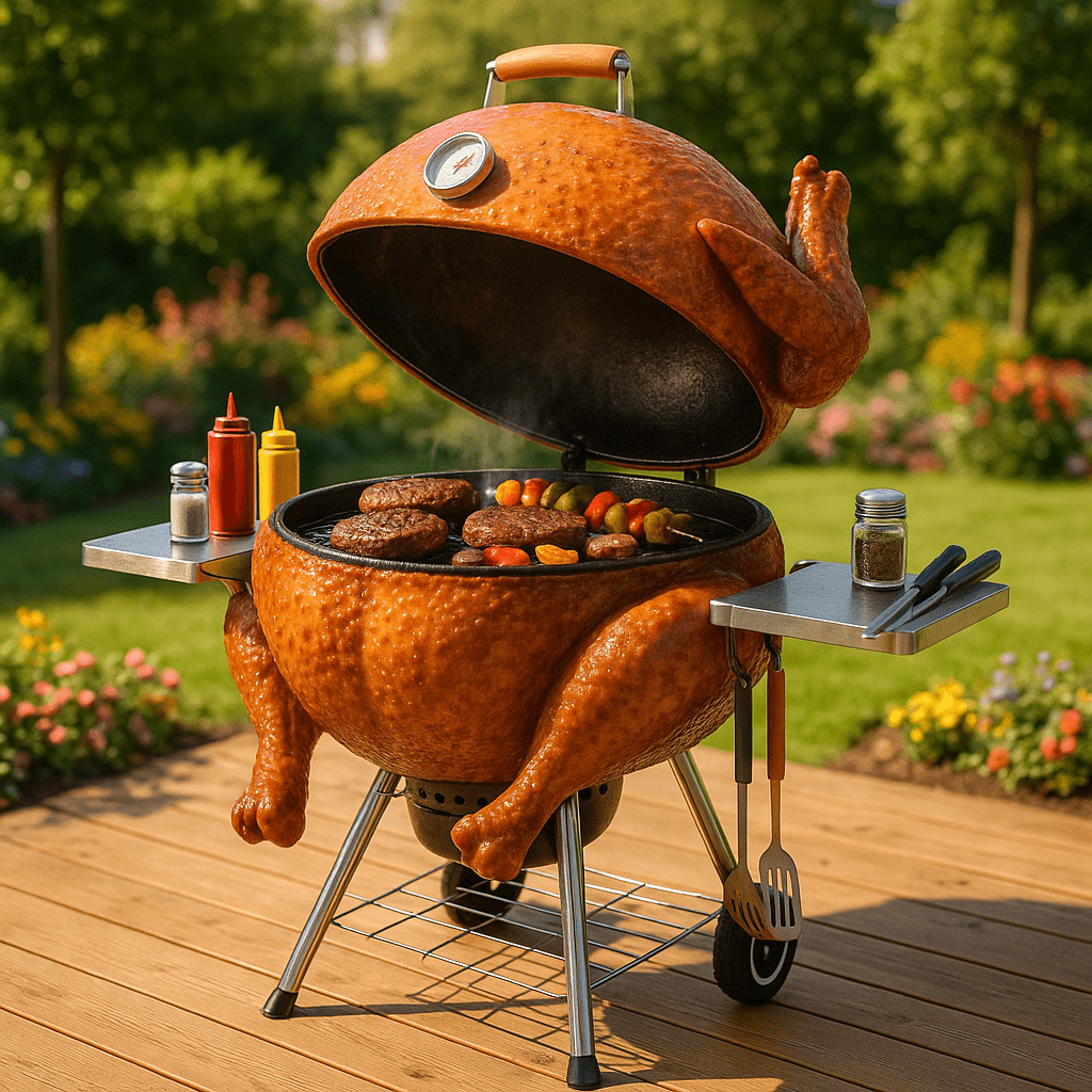 BBQ grill designed like a roast turkey, cooking burgers and vegetables outdoors.