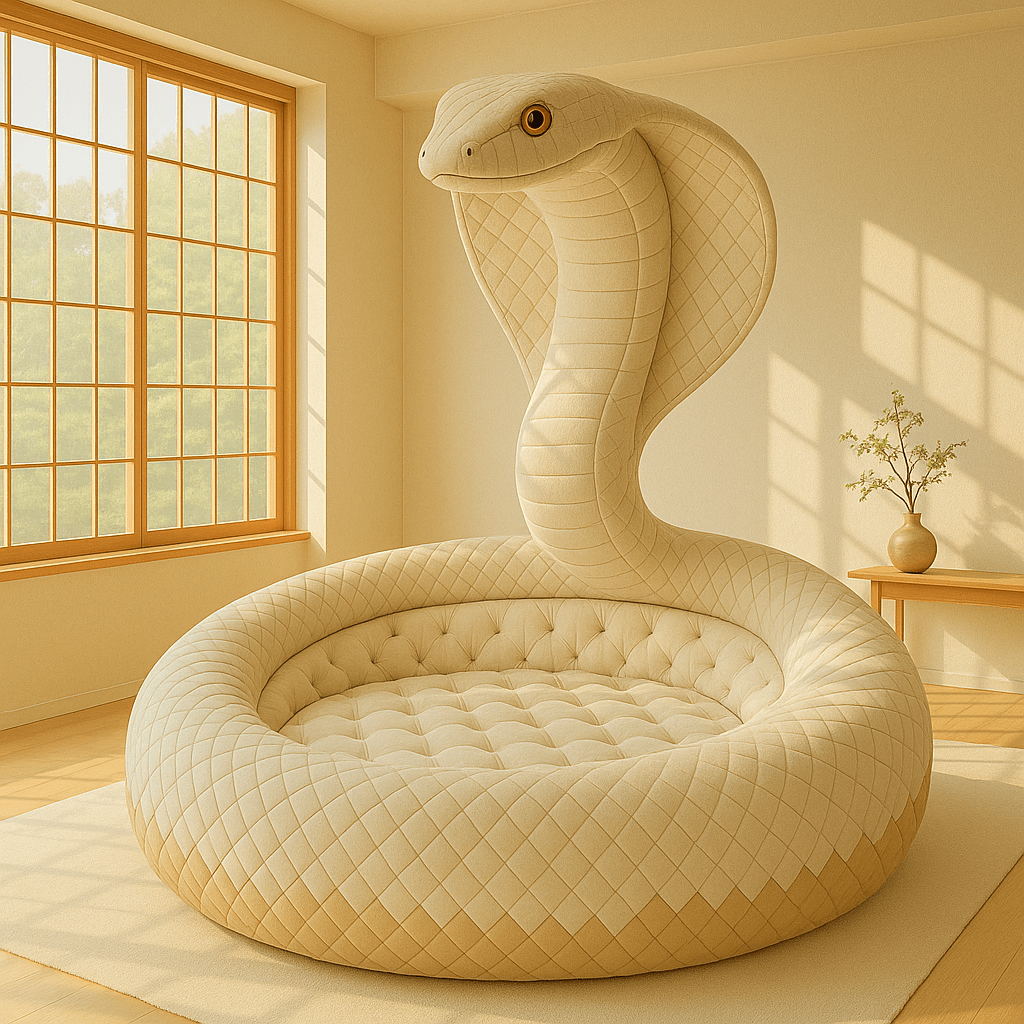 Ivory coloured snake-themed chair with curved backrest in a calm minimalist setting